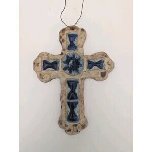 Folk Art Pottery Clay Cross Crucifix Blue Tile Handmade Rustic